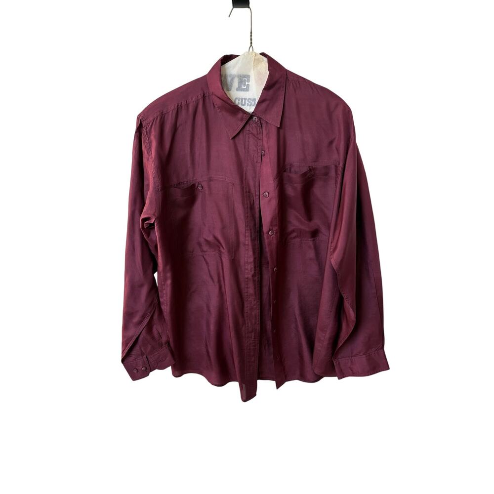 Joule Energy 100% Silk Burgundy Button Front Blouse Women’s Large Long Sleeve